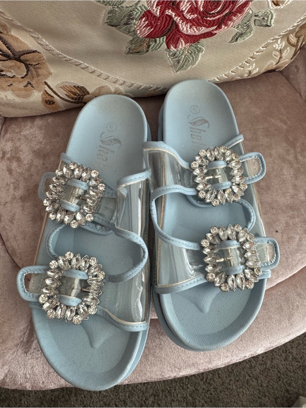 SHEIN Light Blue Jeweled Triple Buckle Slide Sandals